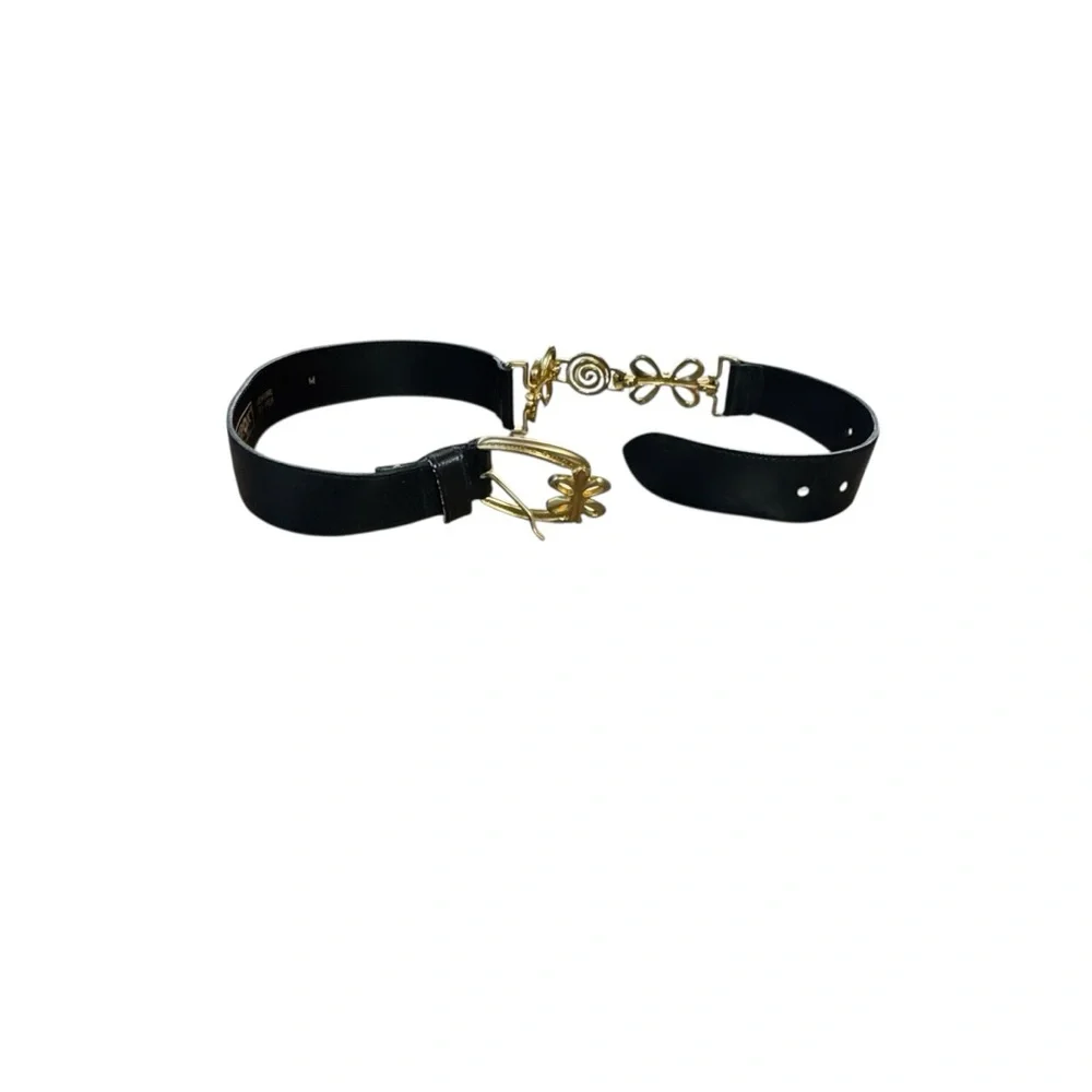 Women’s Tarox Size Medium Genuine Leather Black Belt w Gold Bows/Spiral Accents.